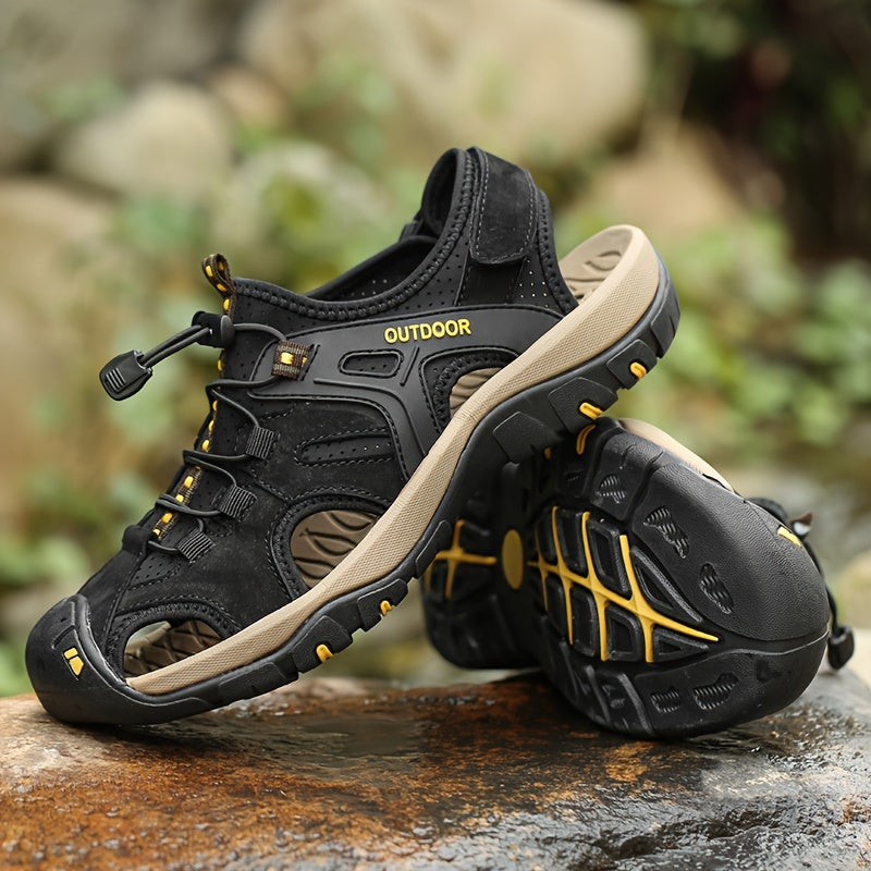 Active men's adventure hiking sandals, closed-toe for trail safety. Adjustable outdoor water footwear for summer.