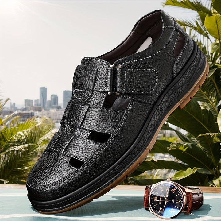 Protective men's warm weather sandals, closed-toe for safety, adjustable strap for all-day comfort.