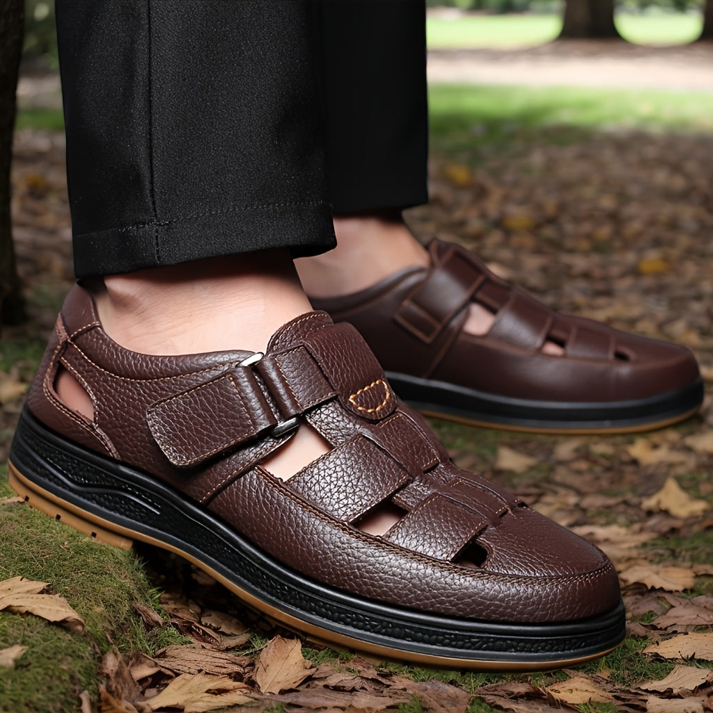 Versatile men's summer footwear, closed-toe and adjustable strap for beach, walking, or casual wear.