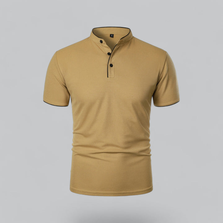 Men's Collarless Polo Shirt, modern fit, short sleeve, timeless comfort & style. Perfect for casual wear.