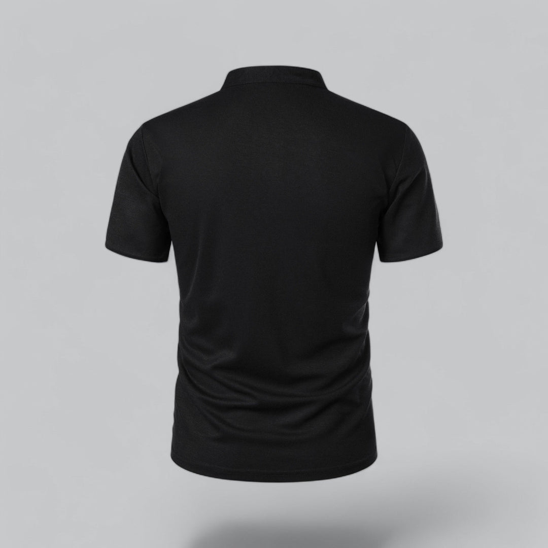 Front view: Men's collarless polo shirt, modern fit, short sleeve, clean design. Timeless casual wear.