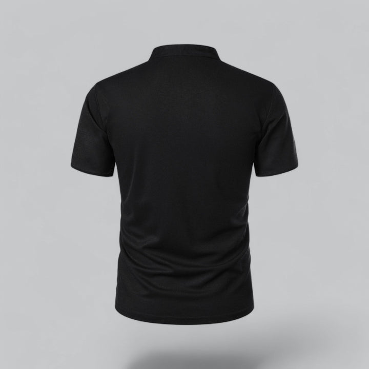 Front view: Men's collarless polo shirt, modern fit, short sleeve, clean design. Timeless casual wear.