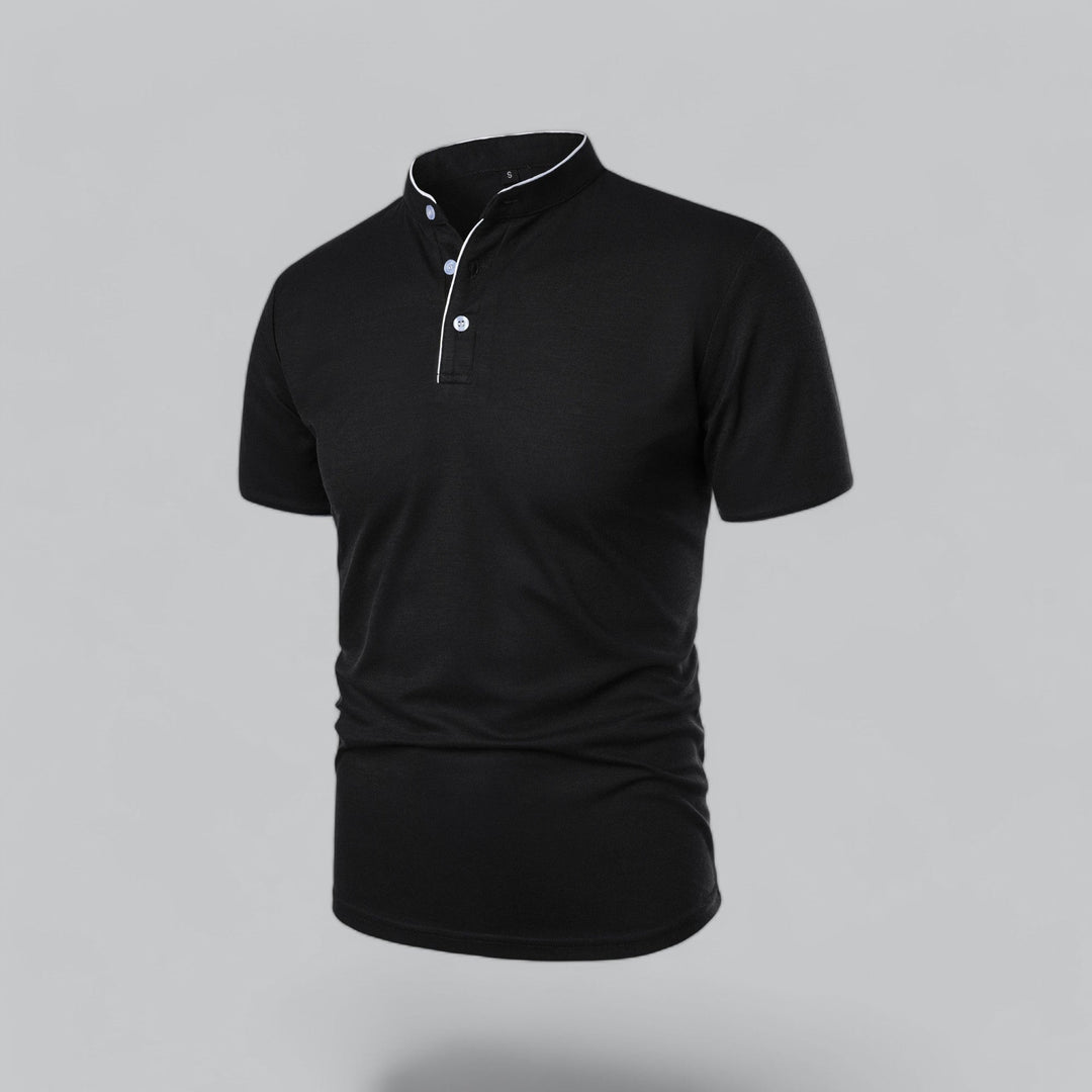 Side view: Men's collarless polo shirt, showcasing short sleeve & contemporary silhouette. Smart casual top.