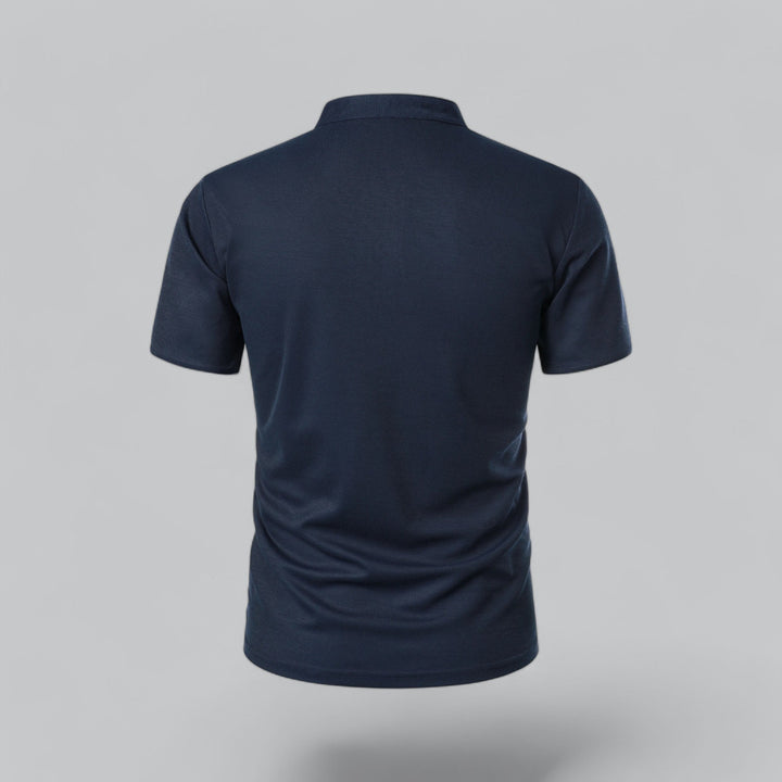 Close-up of men's collarless polo fabric, highlighting quality, soft texture & comfort. Modern fit shirt.