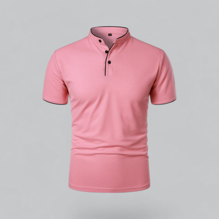 Stylish men's collarless polo shirt in a vibrant hue, short sleeve, modern fit. Versatile casual wear.