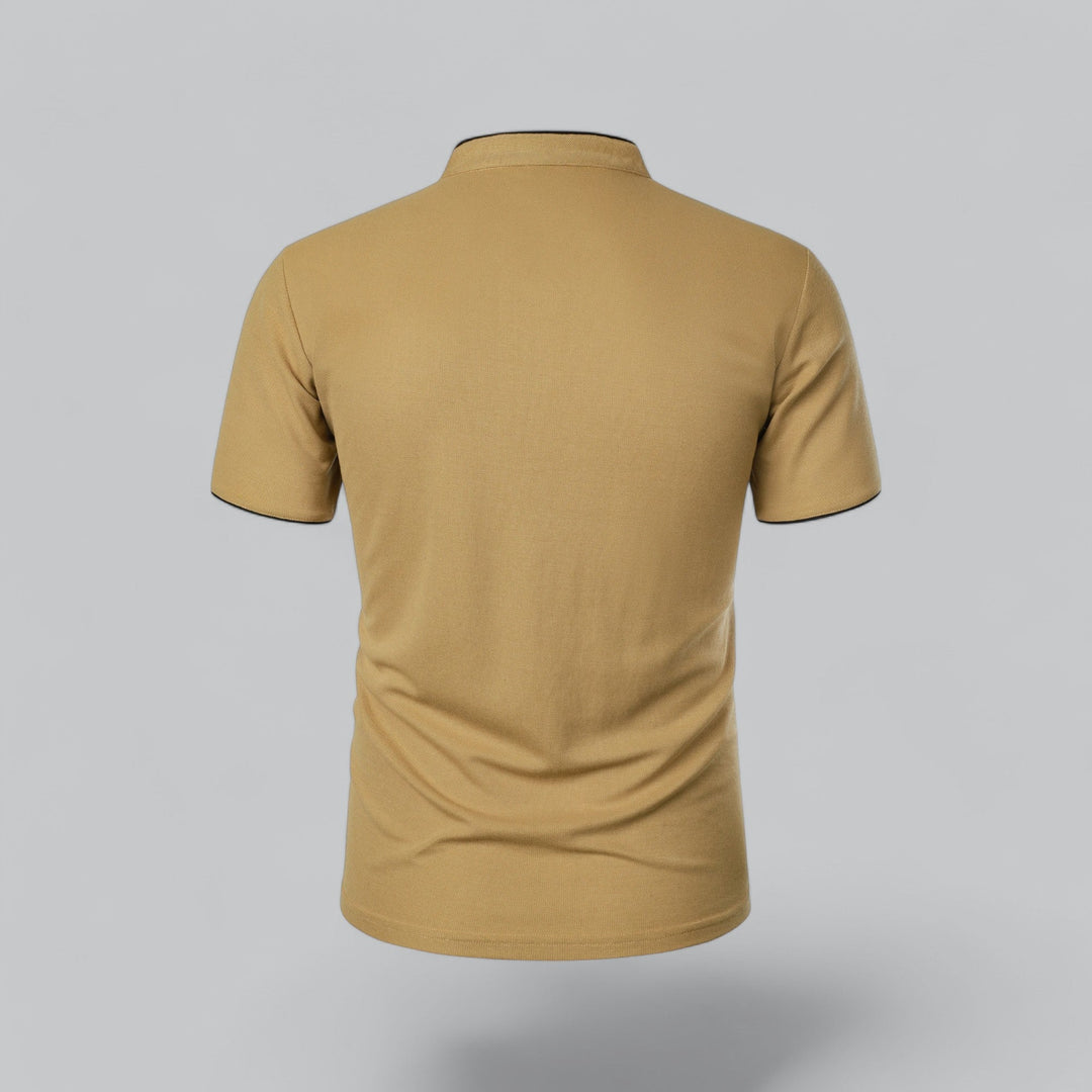 Elegant men's collarless polo, short sleeve, perfect for smart casual & everyday wear. A versatile top.