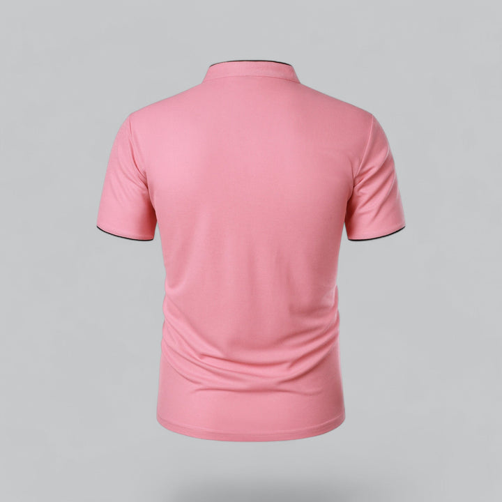 Men's collarless polo shirt, short sleeve, laid flat, showcasing design and fabric. A modern fit essential.