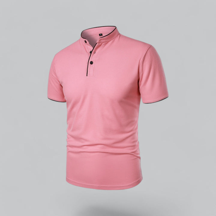 Men's collarless polo shirt with subtle button placket, short sleeve, elegant detailing. Timeless top.