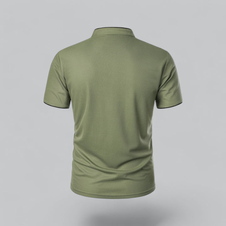 Men's collarless polo shirt for smart casual events, short sleeve, refined style. A versatile elegant top.