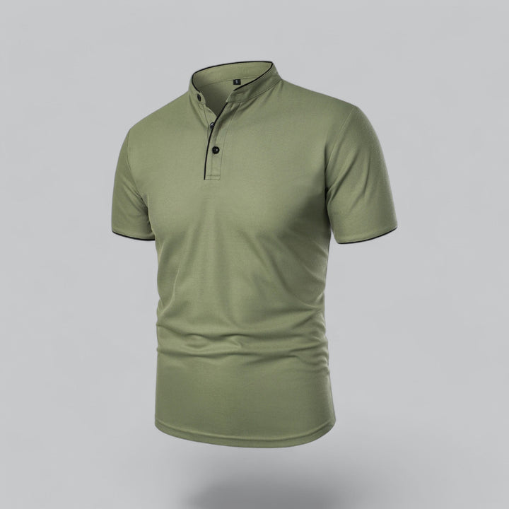 Breathable men's collarless polo, short sleeve, comfortable for warm weather & active wear. Modern fit.