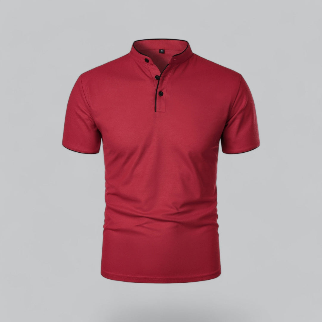 Minimalist men's collarless polo shirt, clean lines, short sleeve, understated elegance. Timeless fashion.