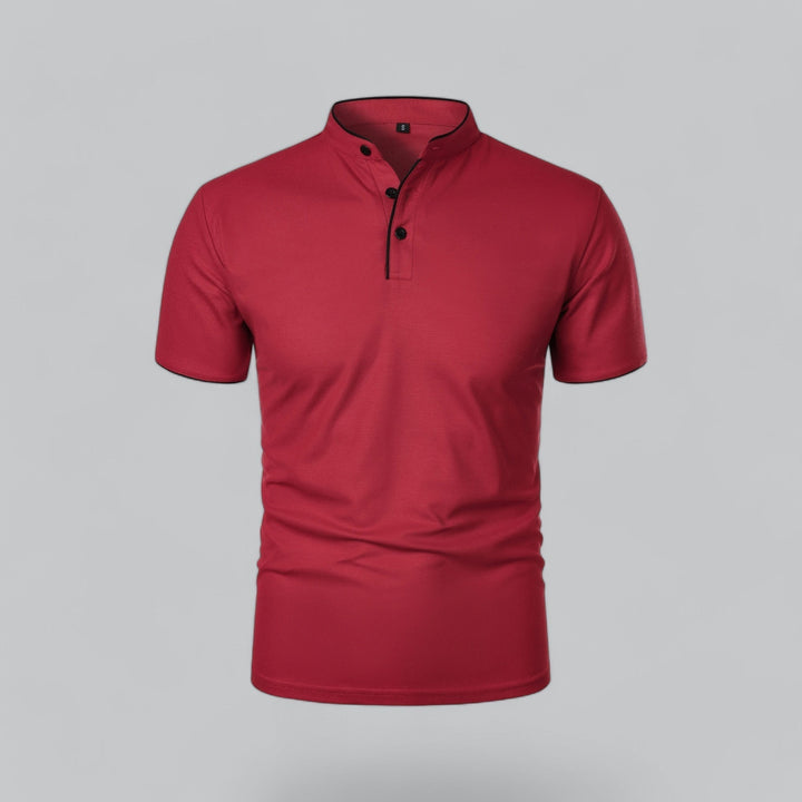 Minimalist men's collarless polo shirt, clean lines, short sleeve, understated elegance. Timeless fashion.