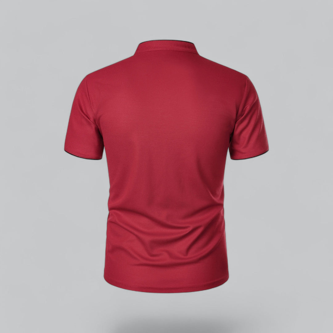 High-quality men's collarless polo shirt, durable, short sleeve, premium everyday essential. Modern comfort.