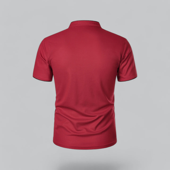 High-quality men's collarless polo shirt, durable, short sleeve, premium everyday essential. Modern comfort.