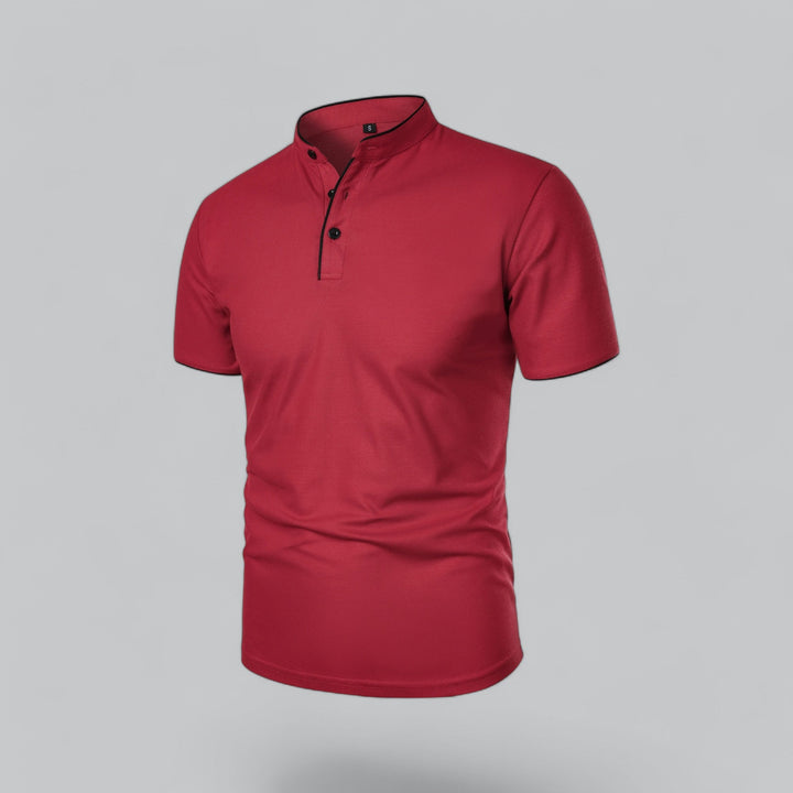 All-season men's collarless polo shirt, short sleeve, versatile for layered or standalone wear. Timeless.