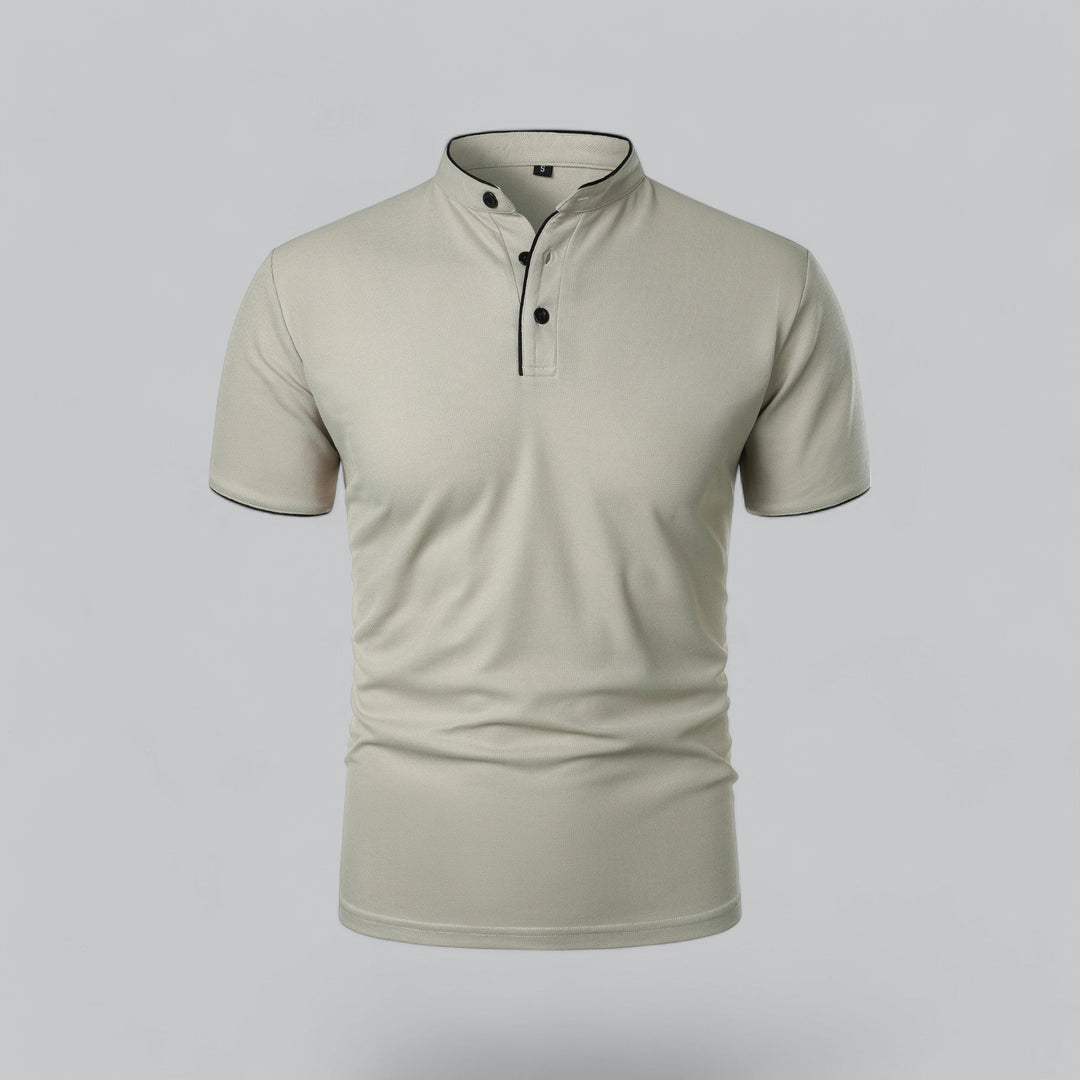 Spring men's collarless polo shirt, short sleeve, versatile & stylish for new season fashion. Modern fit.