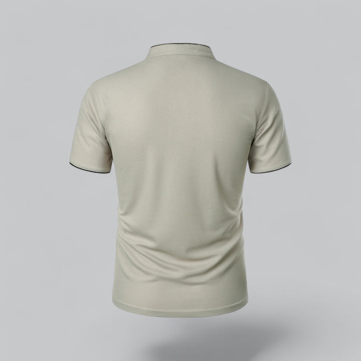 Summer men's collarless polo, lightweight, breathable, essential casual wear. Perfect warm weather top.