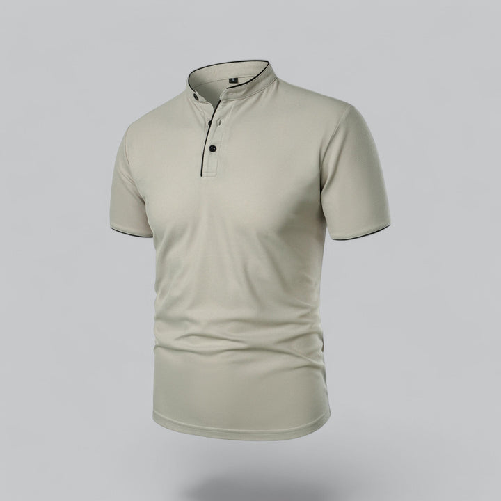 Autumn men's collarless polo shirt, versatile short sleeve, stylish everyday top. Modern fit men's fashion.