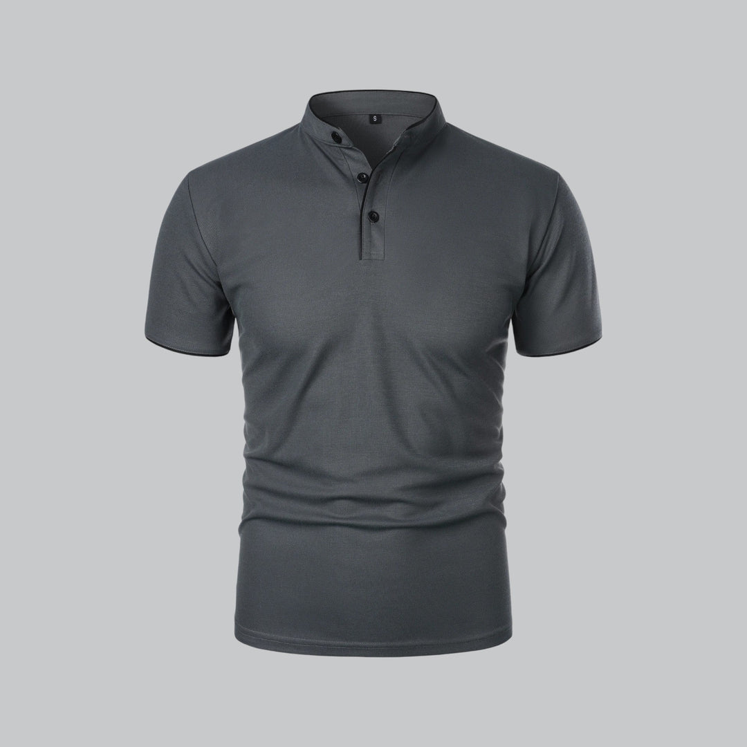 Versatile men's collarless polo, short sleeve, transitions from casual to smart casual. Timeless style.