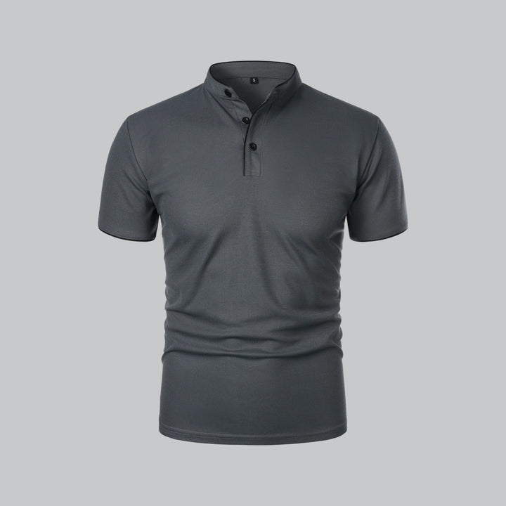 Versatile men's collarless polo, short sleeve, transitions from casual to smart casual. Timeless style.