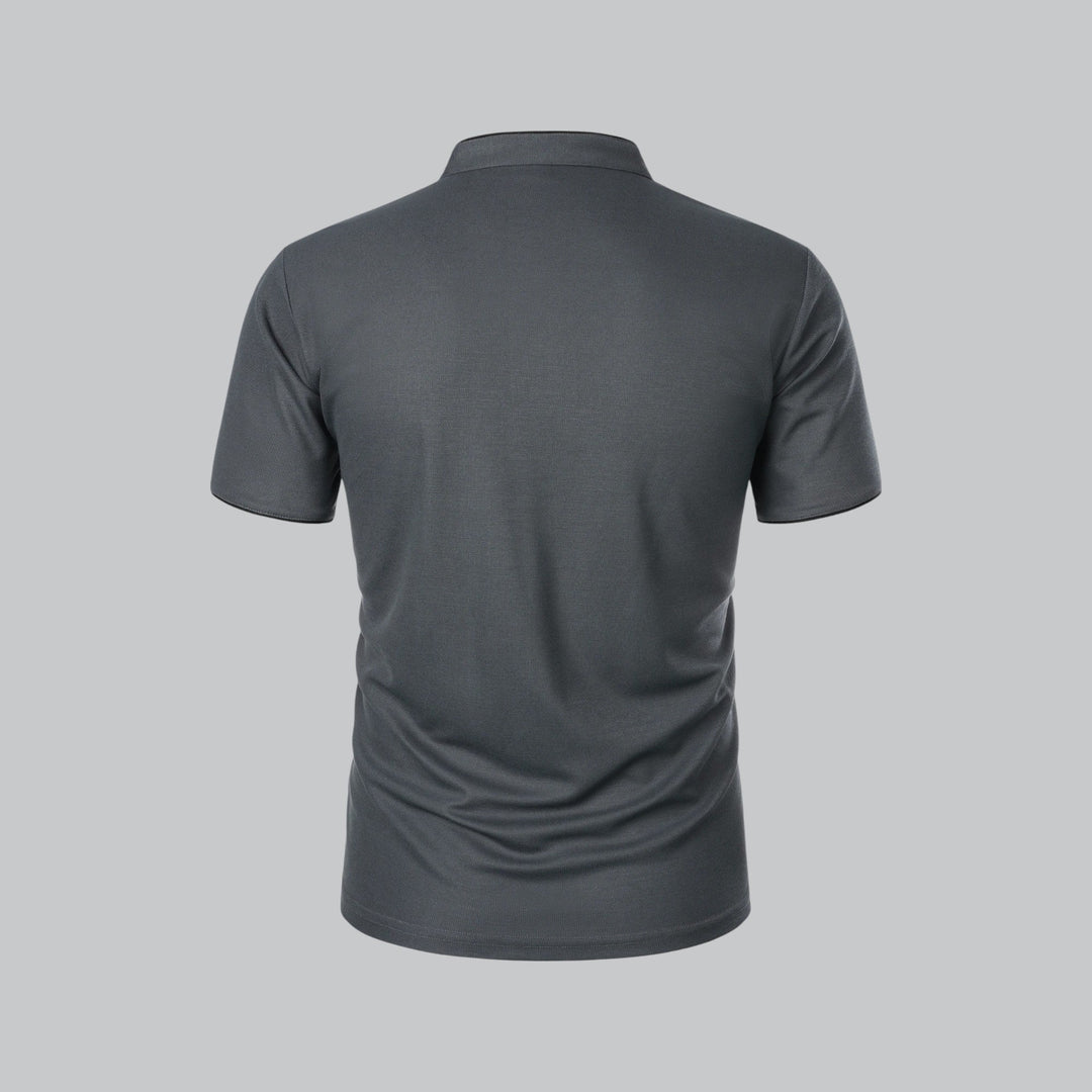 Modern fit men's collarless polo shirt, sleek design, short sleeve, contemporary men's fashion essential.