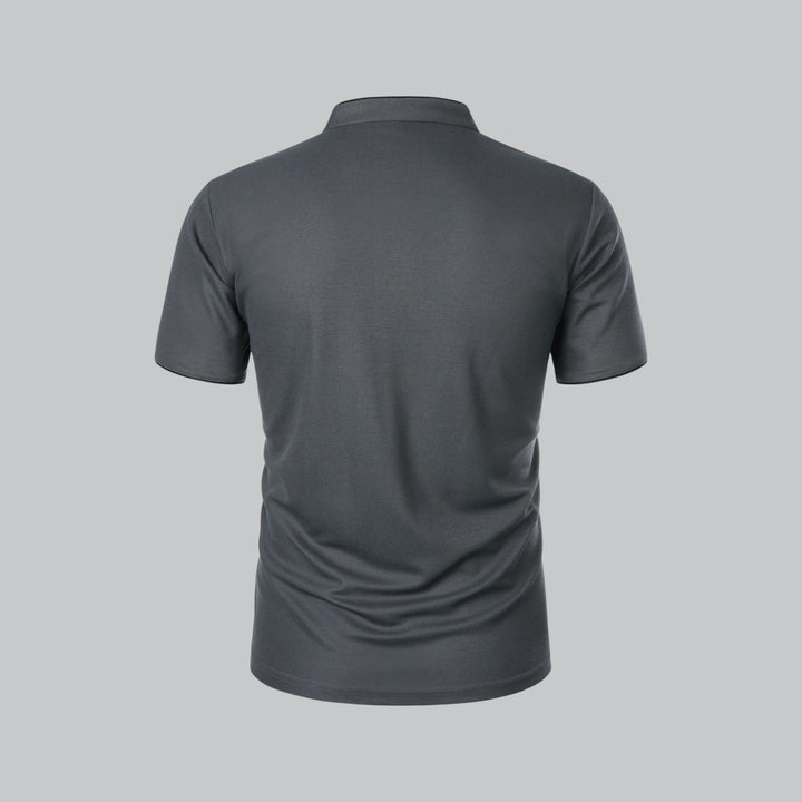 Modern fit men's collarless polo shirt, sleek design, short sleeve, contemporary men's fashion essential.