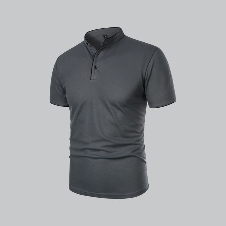 Timeless men's collarless polo shirt, classic comfort, short sleeve, enduring style. An elegant everyday top.
