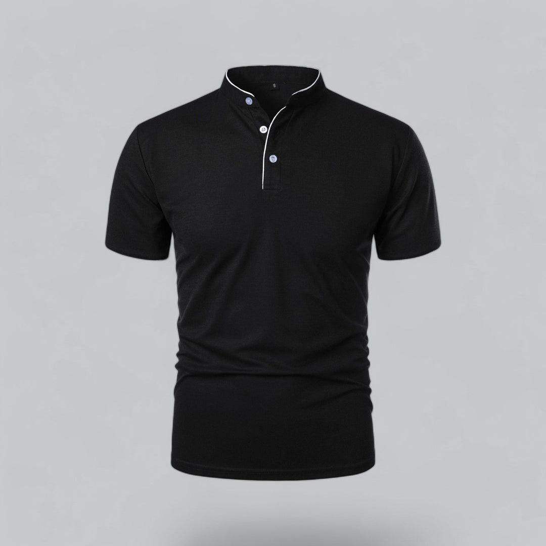 Model wearing a stylish men's collarless polo top, short sleeve for smart casual look.