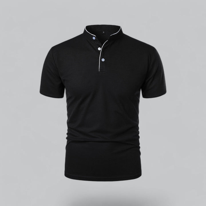 Model wearing a stylish men's collarless polo top, short sleeve for smart casual look.