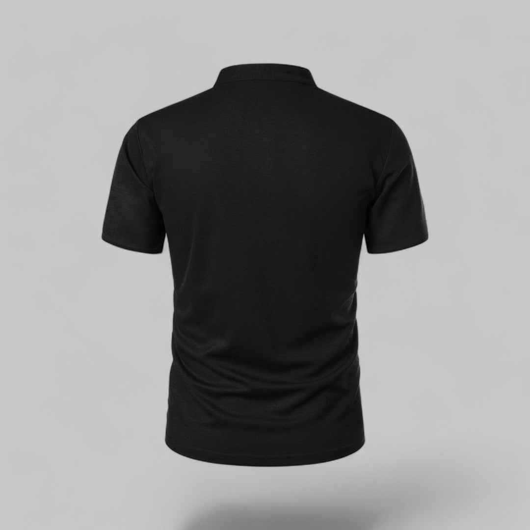 Folded men's collarless polo shirt, short sleeve, ready for easy everyday casual wear.