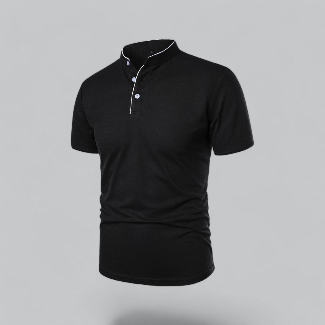 Navy men's collarless polo shirt, short sleeve, with mandarin trim for smart casual style.