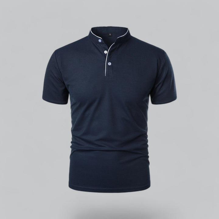 White men's collarless polo top, short sleeve, comfortable relaxed fit for summer fashion.