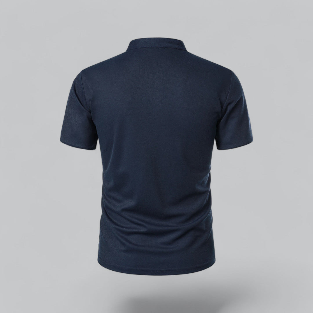 Grey men's collarless polo shirt, short sleeve, versatile everyday wear with effortless style.