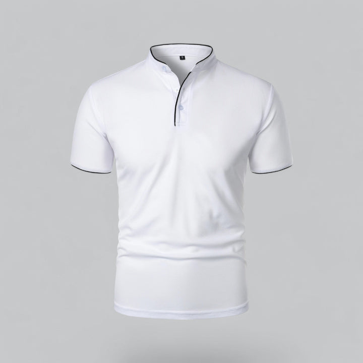 Stylish man in a collarless polo top, short sleeve, enjoying a relaxed day. Everyday comfort.