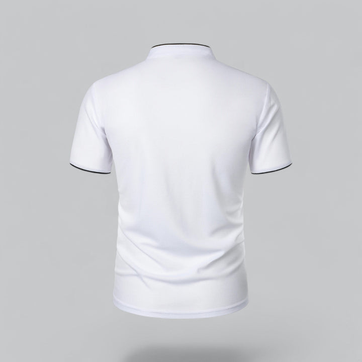 Men's comfortable collarless polo, short sleeve, walking in a park. Relaxed fit smart casual.