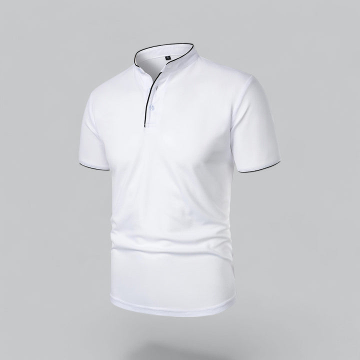 Men's short sleeve collarless polo top, featuring a sophisticated mandarin trim for style.