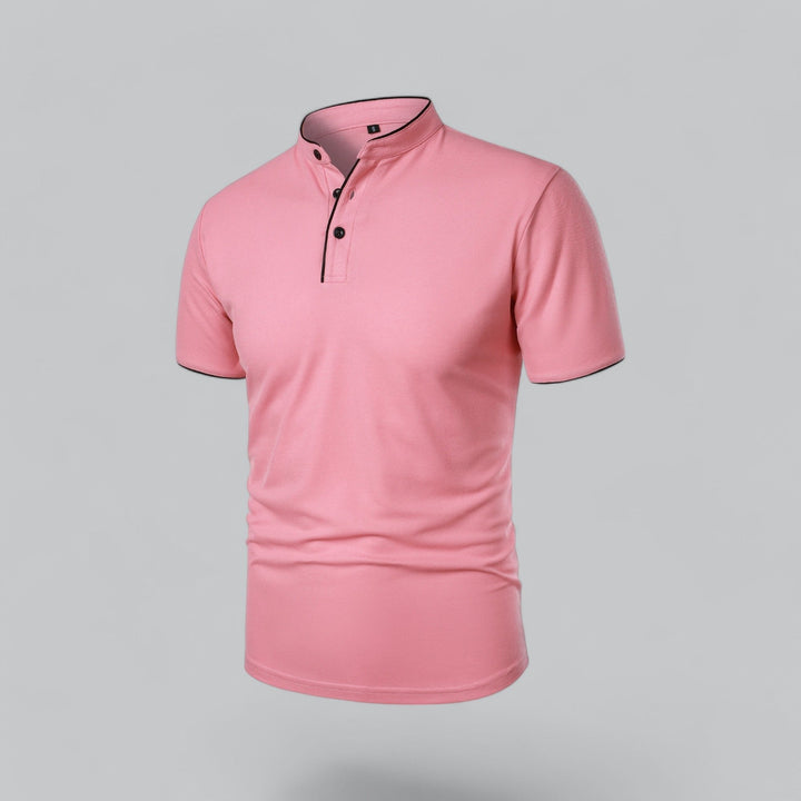 Comfortable men's short sleeve collarless polo shirt, mandarin trim, ideal for summer fashion.