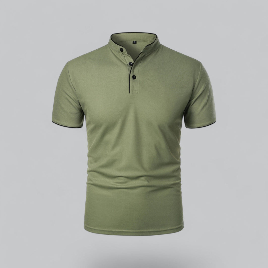 Men's stylish collarless polo top, relaxed fit, short sleeve, perfect for smart casual attire.