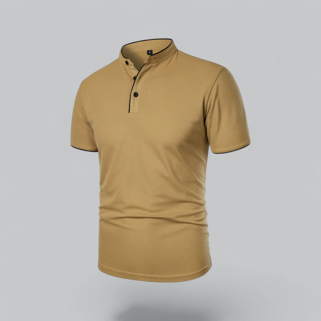 Stylish men's collarless polo, smart casual short sleeve top with elegant mandarin trim detail.