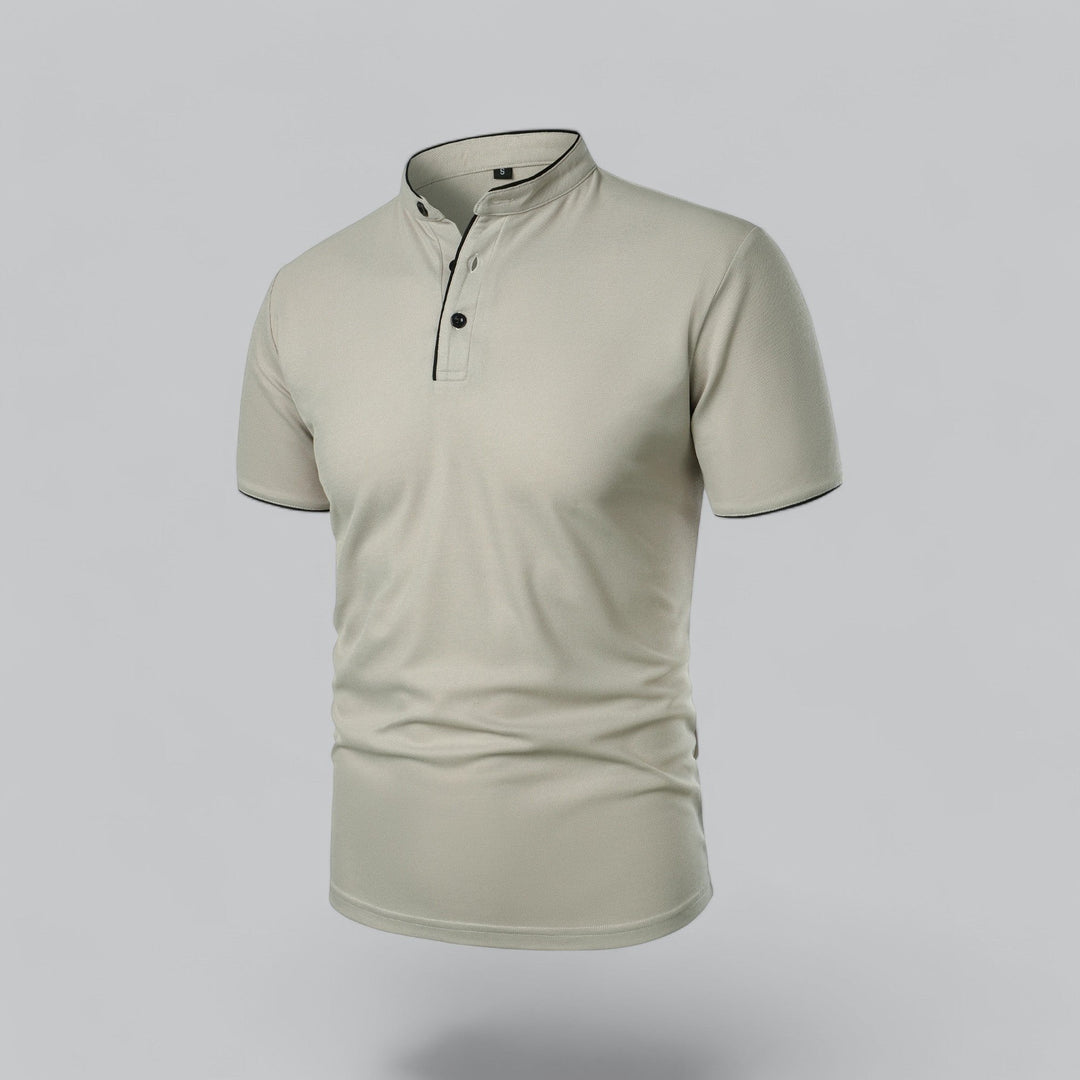 Front view of men's collarless polo shirt, short sleeve, relaxed fit, ideal for casual wear.