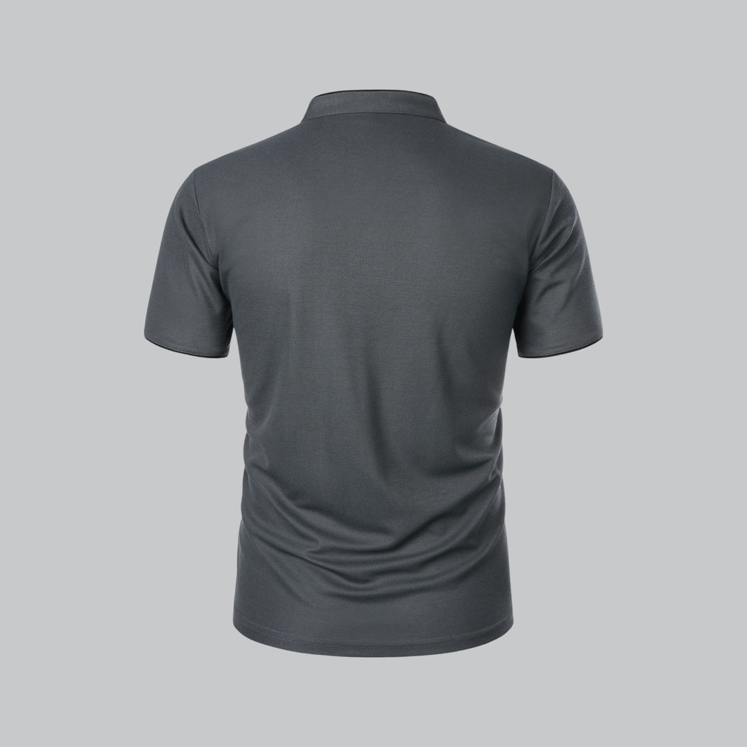 Back view of a comfortable men's collarless polo shirt, short sleeve, perfect for summer fashion.