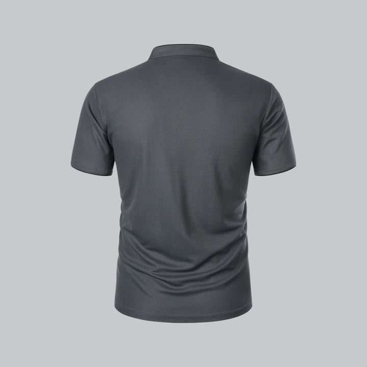 Back view of a comfortable men's collarless polo shirt, short sleeve, perfect for summer fashion.
