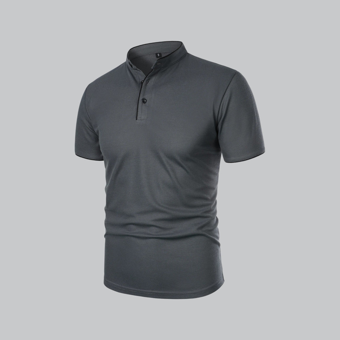 Close-up of the mandarin trim on a men's collarless polo shirt, short sleeve casual top.
