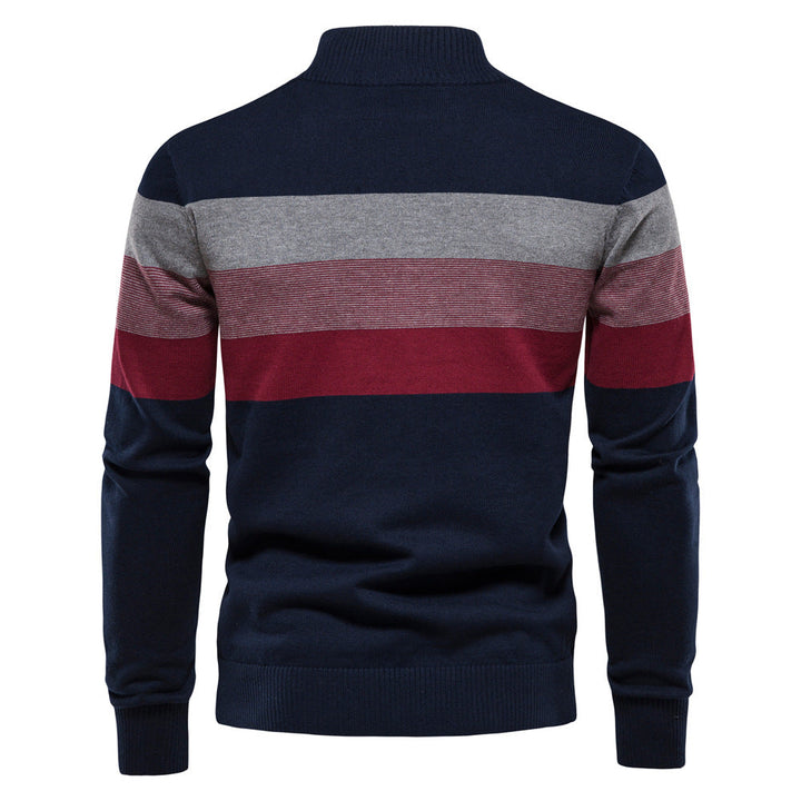 Men's half-zip pullover with contrasting colorblock panels, premium cotton blend comfort
