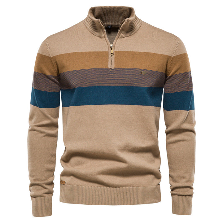 Men's colorblock half-zip sweater in a professional flat lay, highlighting details