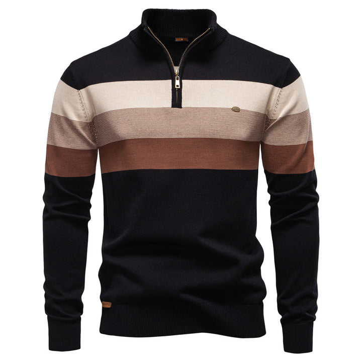 Model wearing a men's colorblock half-zip pullover sweater, showing comfort & style
