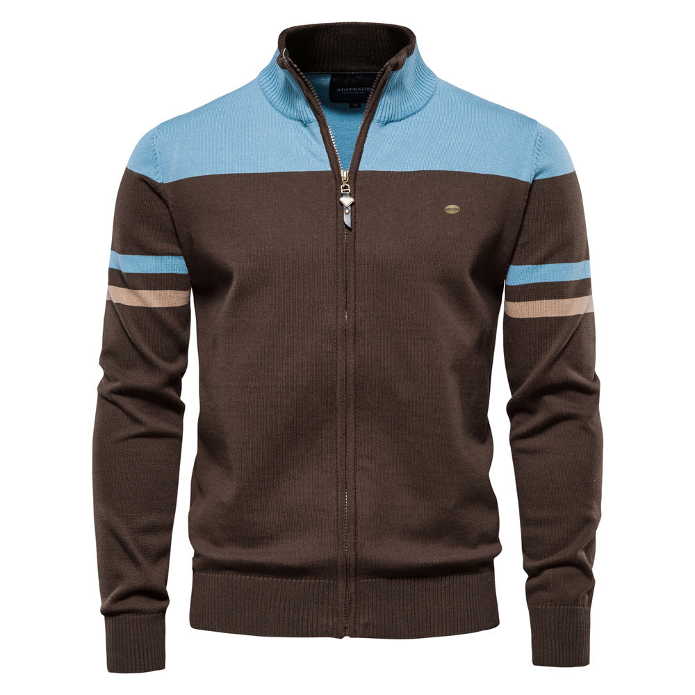 Men's colorblock zip-up cardigan sweater in knit fabric, front view, casual lightweight outerwear.