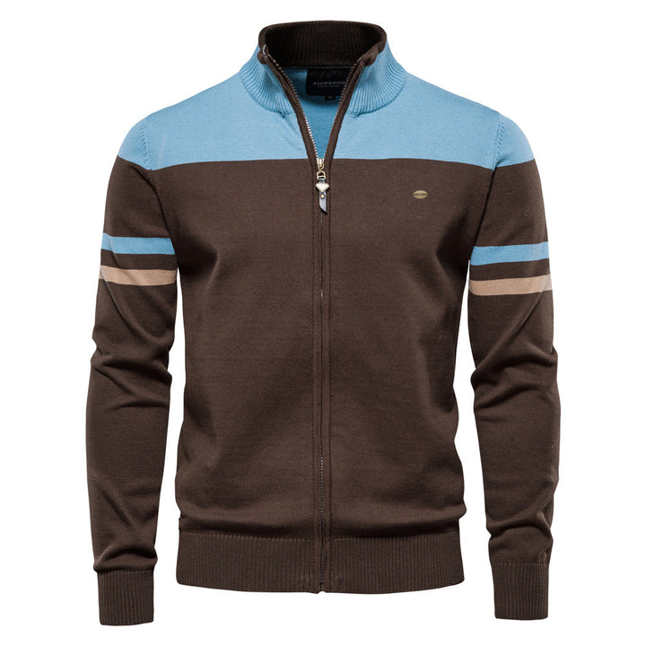 Men's colorblock zip-up cardigan sweater in knit fabric, front view, casual lightweight outerwear.