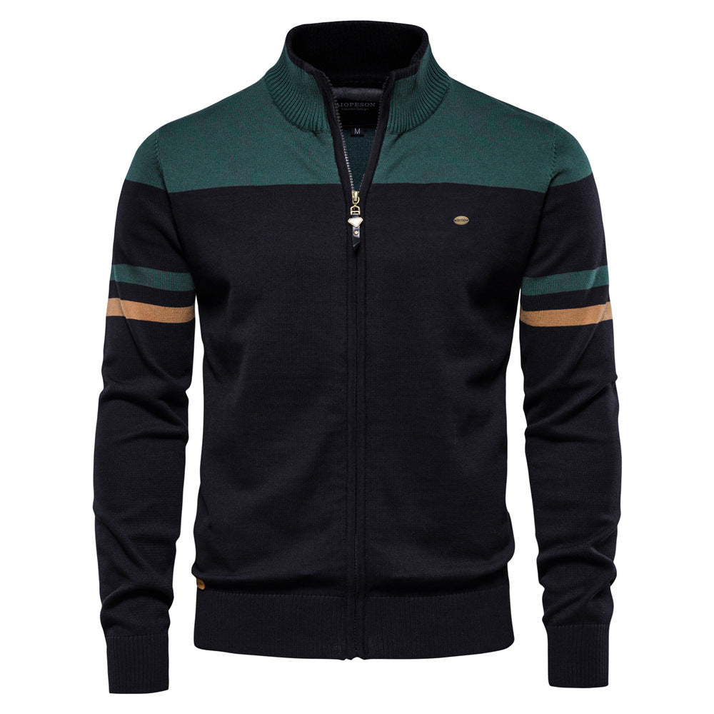 Stylish men's knit zip-up cardigan in a modern colorblock design, long sleeve, for everyday wear.