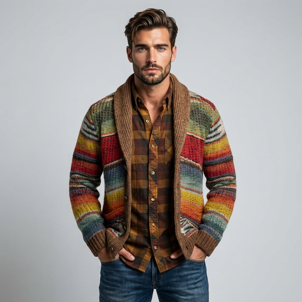 Men's colorful striped cardigan with a relaxed fit, perfect for casual layering in fall or spring fashion.
